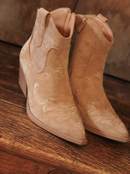 Bottes courtes style Santiag beige avec broderies sur l'avant. Imitation daim.
Hauteur talon 6,5cm.
Taille bien si entre deux pointures prendre la pointure la plus petite.