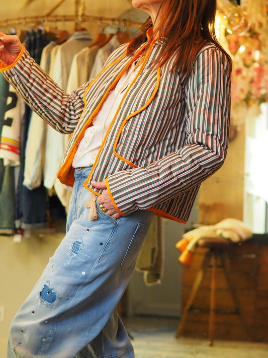 Veste légère matelassée lignée orange et kaki. Intérieur orange. Une pépites.
100% Polyester.
Taille S/M-36/38 M/L-38/40