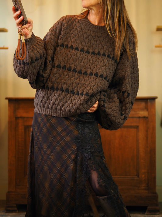 Pull marron avec petits motifs noirs. Manches bouffantes. Ne pique pas.

Taille unique convient du 36 au 46.
100% Polyester.
Tour de poitrine 158cm Longueur dos 60cm.