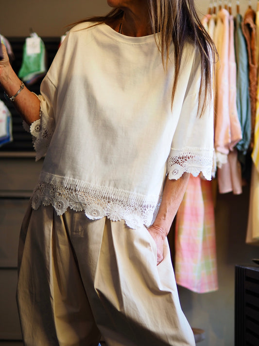 Taille unique convient du 36 au 42.

Mesures : Tour de poitrine 120cm Longeur dos 57cm.
Composition : 95% Coton 5% Elasthanne.
Cathy mesure 1m66 fait un 36 et porte une taille unique.


Teeshirt écru avec dentelle dans le bas et sur les manches.