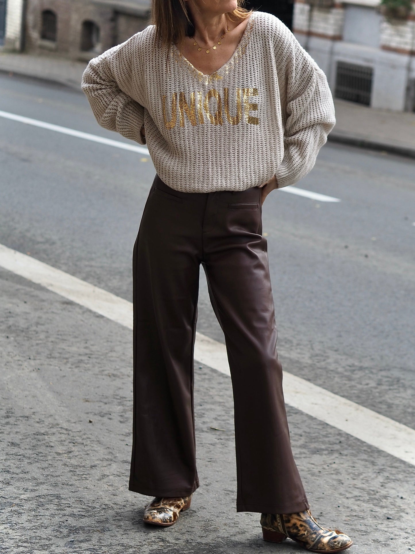 pantalon - simili - marron